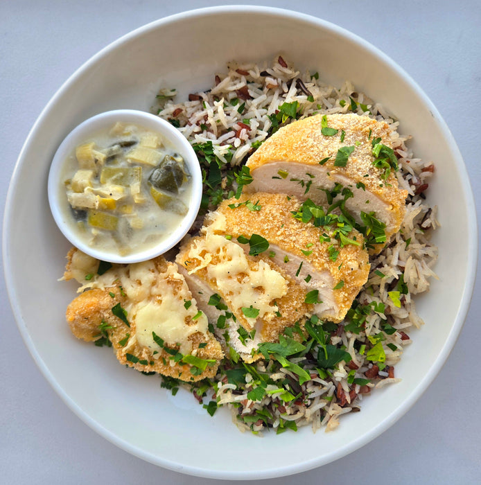 Apple-Brined Chicken | Cheddar Crust | Leek | Wild Rice Pilaf