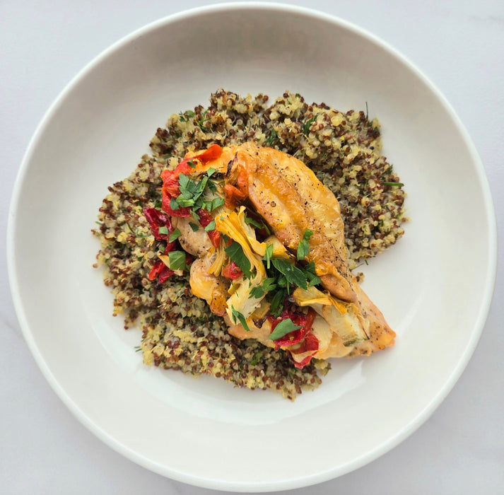 Asiago Stuffed Chicken | Grilled Artichoke and Red Pepper | Lemon Herb Quinoa