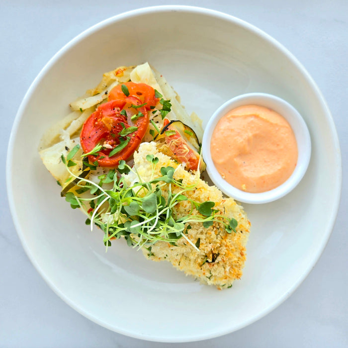 Garlic Parmesan Panko Baked Cod | Provencal Potato Tian | Red Pepper Aioli