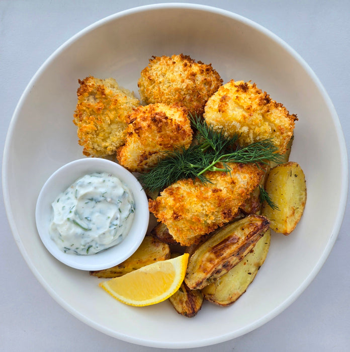 Spiced Crunchy Fish Nuggets | Yogurt Lime Herb Sauce | Potato Wedges