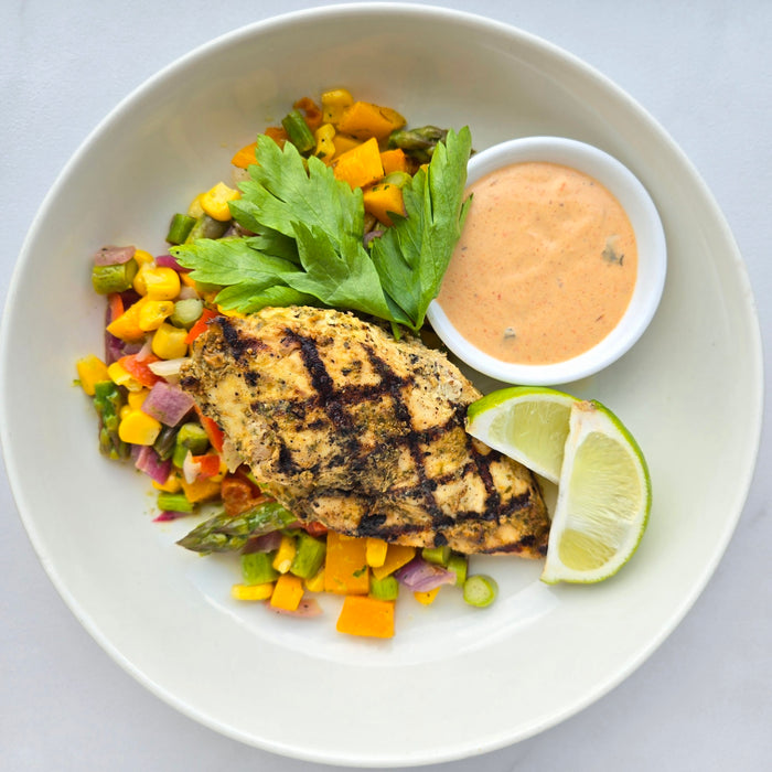 Grilled Cilantro Lime Chicken | Ancho Sauce | Asparagus, Corn and Squash Succotash