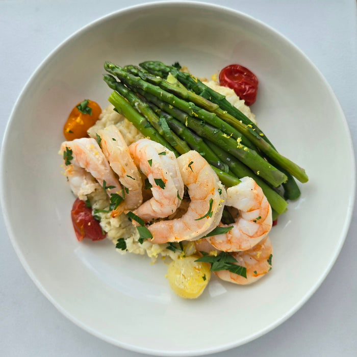 Grilled Shrimp | Tuscan Risotto | Asparagus | Grape Tomatoes