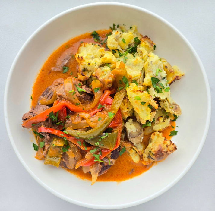 Hungarian Beef Goulash | Smashed Roasted Garlic Potato | Chives