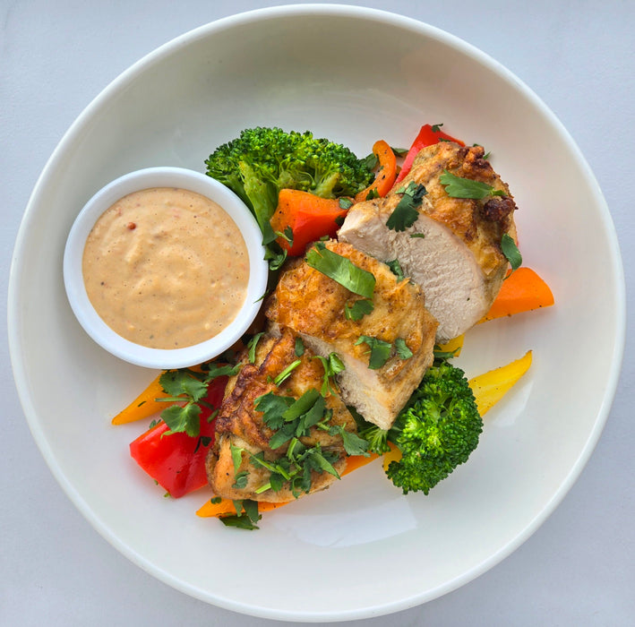 Lime Cumin Chicken | Ancho Sauce | Roasted Vegetable Melange