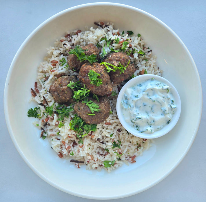 Mediterranean Meatballs with Cilantro Yogurt | Three Rice Pilaf