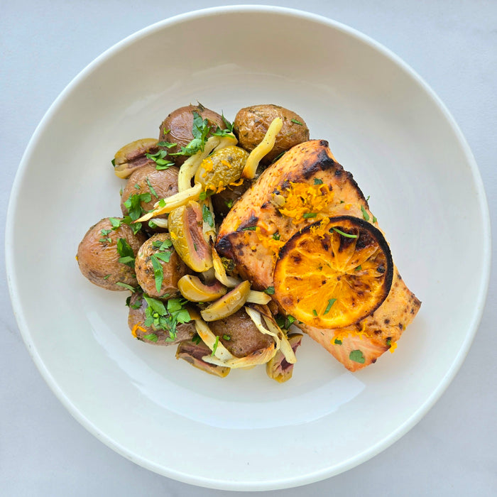Orange Roasted Salmon | Olives, Fennel | Mint Pesto Potato