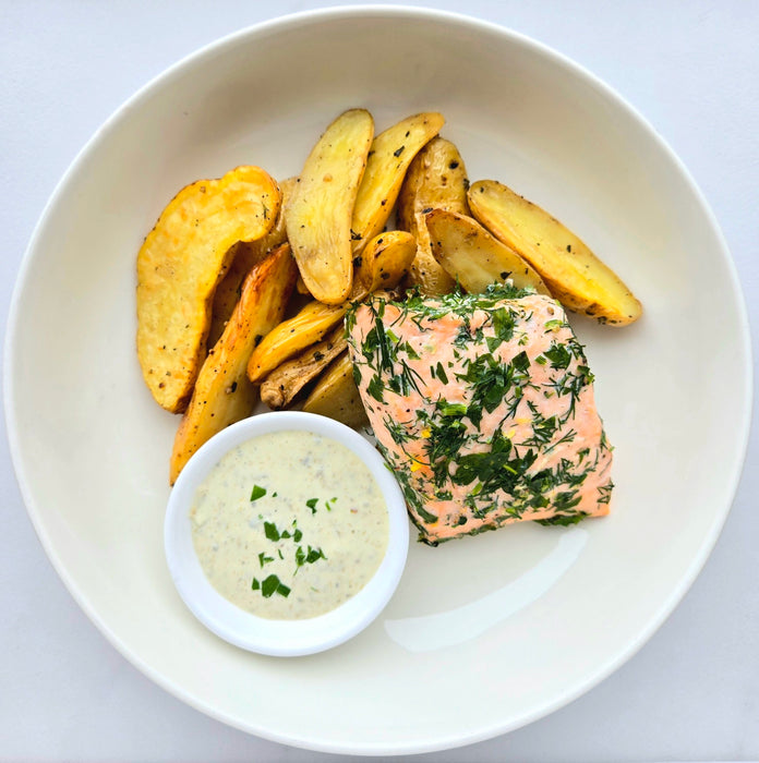 Poached Salmon | Lemon Caper Aioli | Roasted Fingerling Potatoes