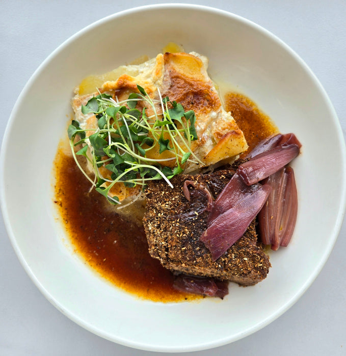 Porcini-Dusted Beef Medallions | Scalloped Potatoes | Red Wine Shallots