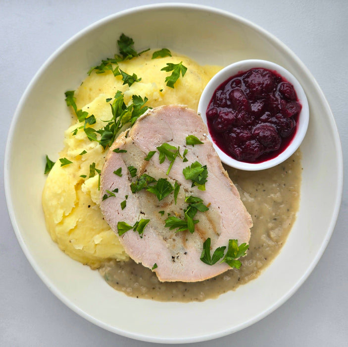 Roast Turkey Breast I Artisan Herb Bread Stuffing | Local Craft Beer Pan Gravy | Cranberry Sauce with Orange and Ginger | Potato Purée