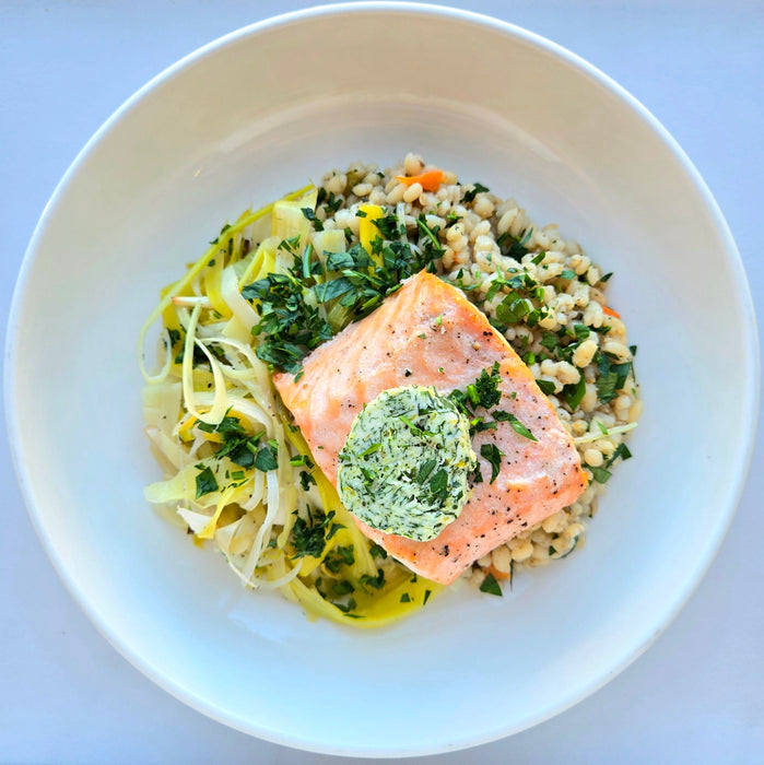 Seared Salmon with Herb Butter | Barley Pilaf | Roasted Leeks
