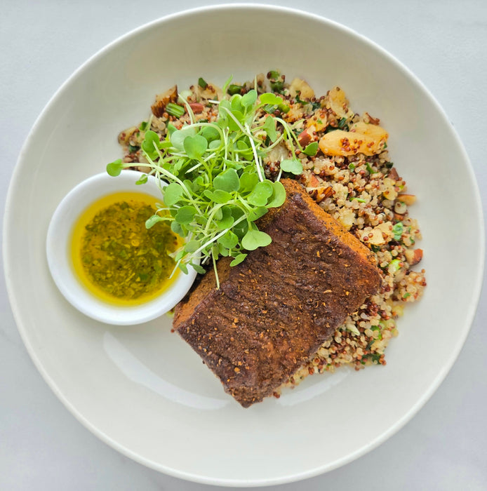 Moroccan Spiced Salmon | Apricot Almond Quinoa Pilaf  | Lemon Herb Sauce