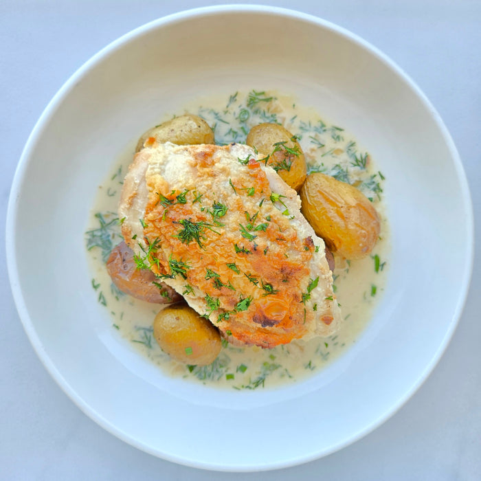 Chicken Breast | White Wine Pan Sauce | Tri-Colour Baby Potatoes | Spring Herbs