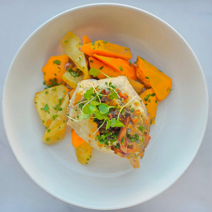 Wild Mushroom, Leek and Gruyere Stuffed Chicken | Roasted Root Vegetables