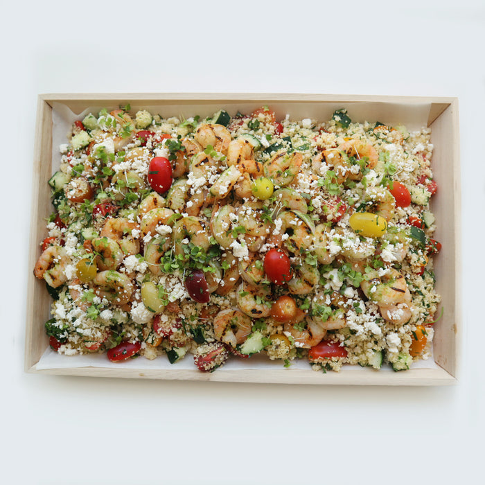 Grilled Lemon Garlic Shrimp | Heirloom Tomato Couscous Salad | Feta