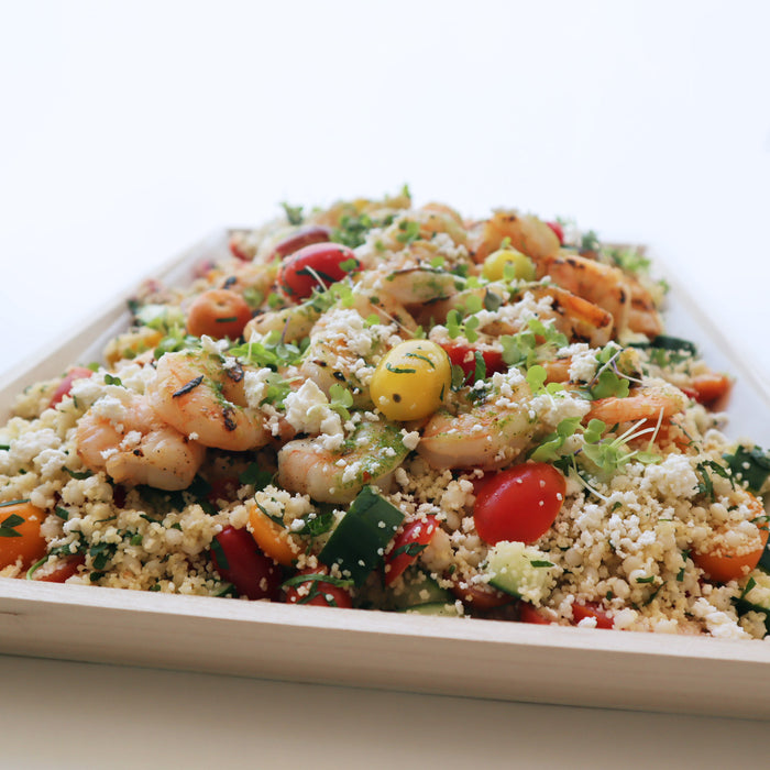 Grilled Lemon Garlic Shrimp | Heirloom Tomato Couscous Salad | Feta