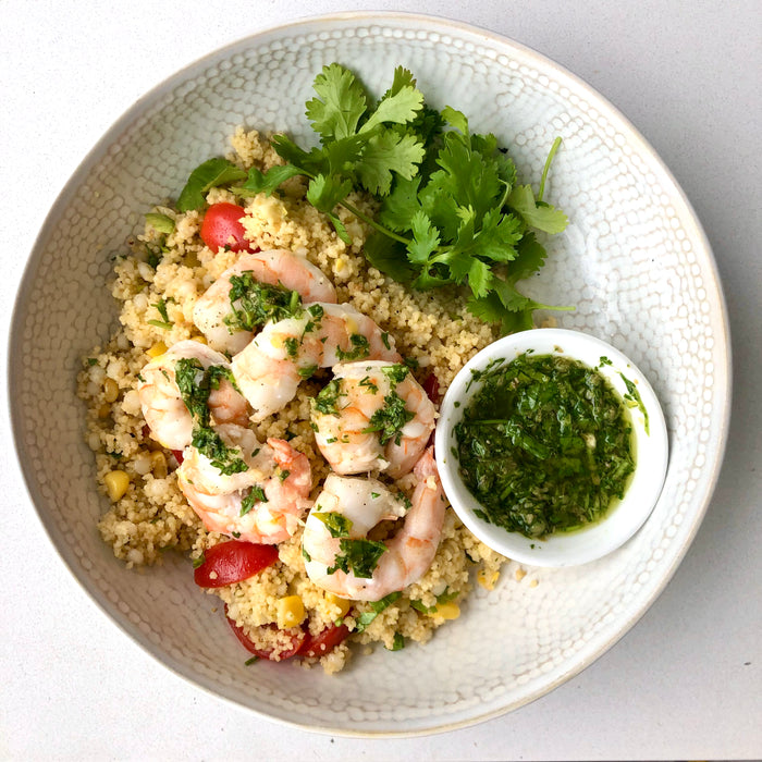 Grilled Shrimp | Tomato Corn Couscous Pilaf | Caper Herb Vinaigrette DF